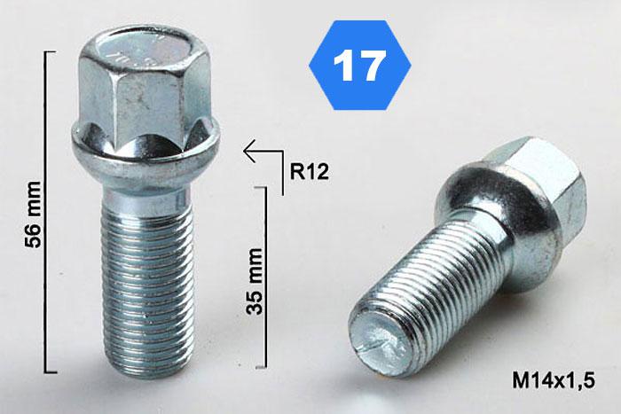 M14x1,5, Radius 12, Wielbout radius, Draadlengte 25mm, SW 17, o.a. Mercedes